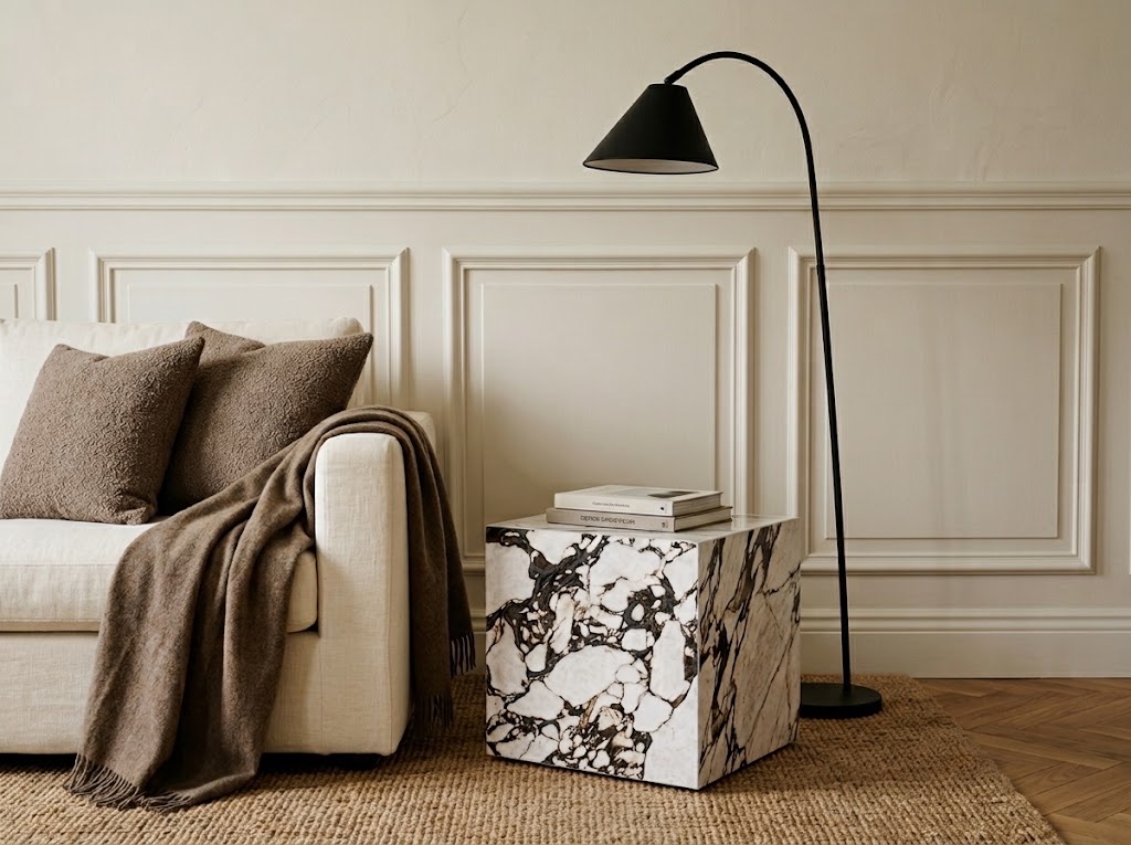 Side Table i Calacatta Viola, placerad i ett rum